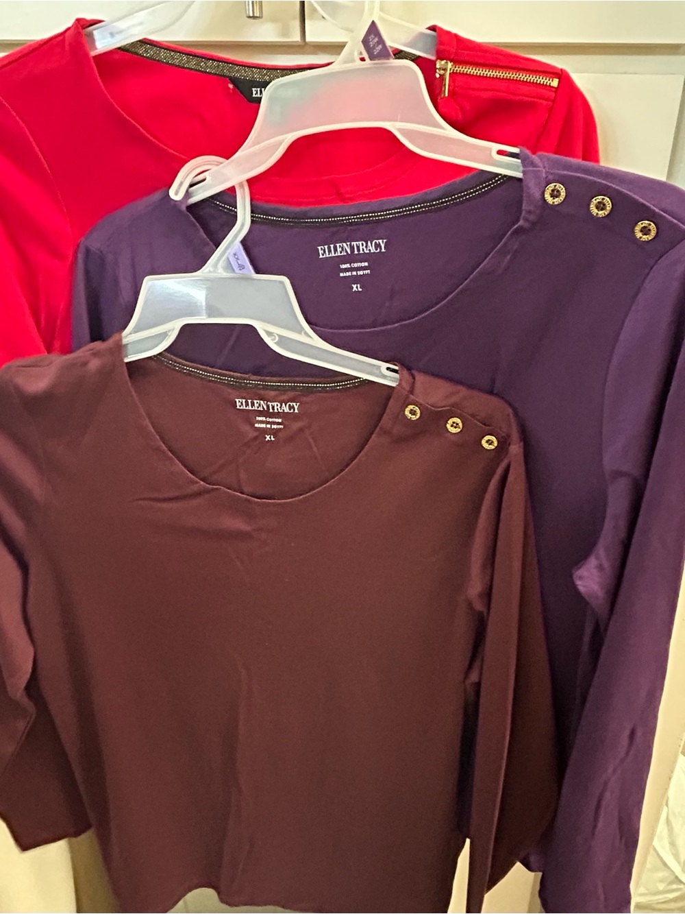 Ellen Tracy 3-Pack Long-Sleeve Shoulder Detail Tops in Purple, Red, and Brown